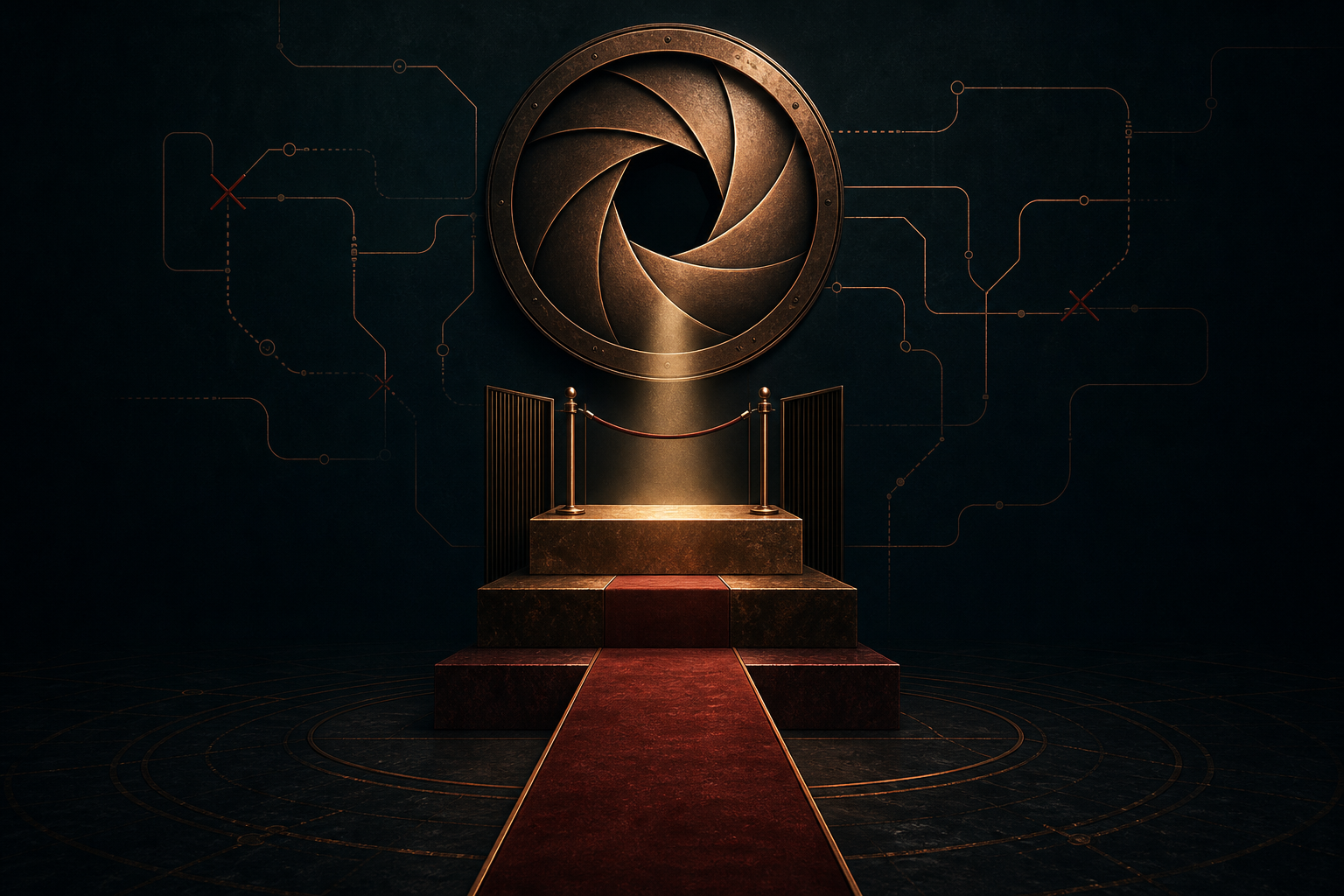 A copper aperture above a gated oxblood access path and blocked route lines, illustrating permissioned access to intelligence.